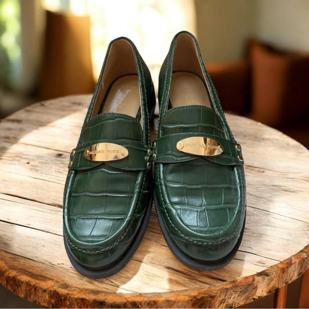 Michael Kors Dark Green Croc-Embossed Loafers